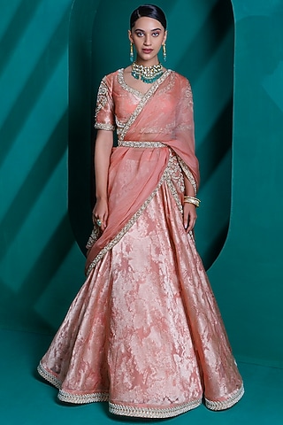 Rose Gold Jacquard Zari Organza Lehenga Set by ADI BY ADITYA KHANDELWL
