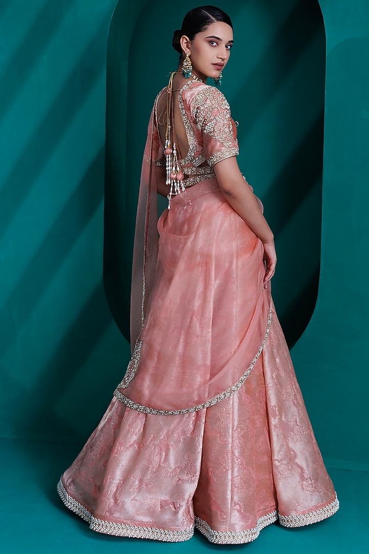 Rose Gold Jacquard Zari Organza Wedding Lehenga Set by ADI BY ADITYA KHANDELWL at Pernia's Pop Up Shop