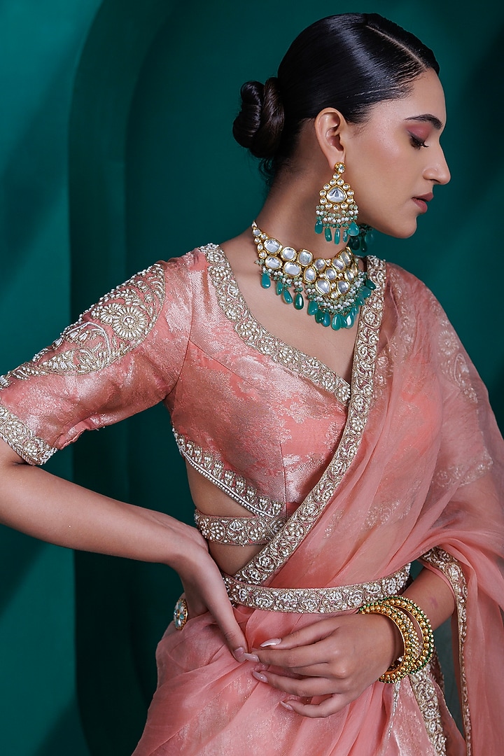 Rose Gold Jacquard Zari Organza Wedding Lehenga Set by ADI BY ADITYA KHANDELWL at Pernia's Pop Up Shop