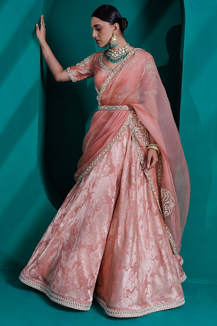 Rose Gold Jacquard Zari Organza Wedding Lehenga Set by ADI BY ADITYA KHANDELWL at Pernia's Pop Up Shop