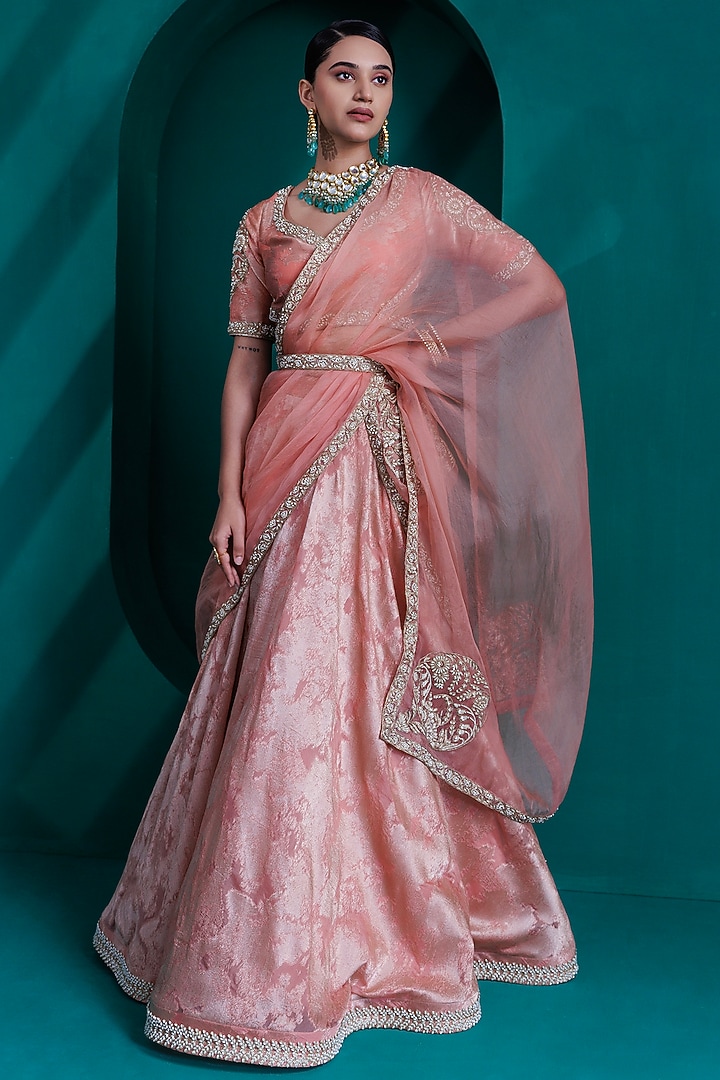 Rose Gold Jacquard Zari Organza Wedding Lehenga Set by ADI BY ADITYA KHANDELWL at Pernia's Pop Up Shop