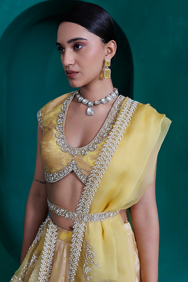 Yellow Jacquard Zari Organza Wedding Lehenga Set by ADI BY ADITYA KHANDELWL at Pernia's Pop Up Shop