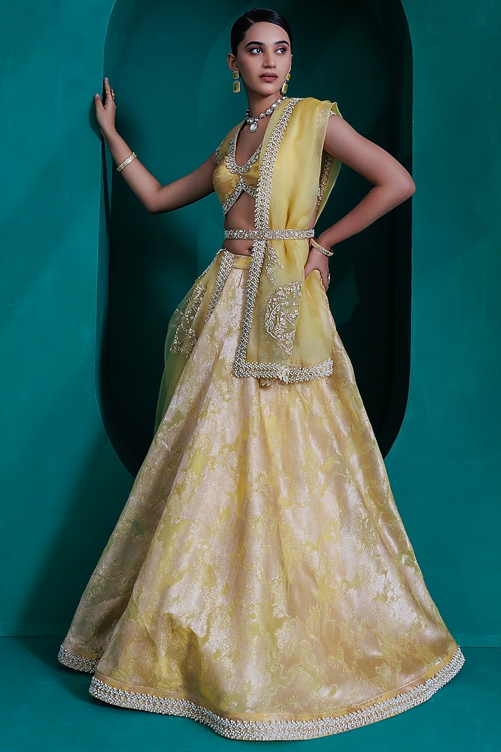 Yellow Jacquard Zari Organza Wedding Lehenga Set by ADI BY ADITYA KHANDELWL at Pernia's Pop Up Shop