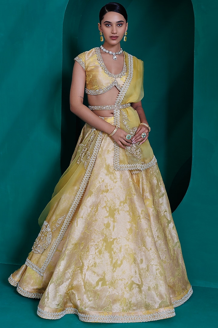 Yellow Jacquard Zari Organza Wedding Lehenga Set by ADI BY ADITYA KHANDELWL at Pernia's Pop Up Shop