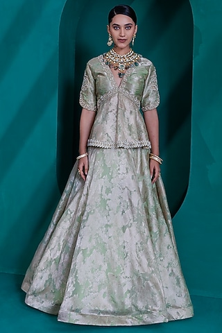 Mint Green Jacquard Zari Organza Lehenga Set by ADI BY ADITYA KHANDELWL
