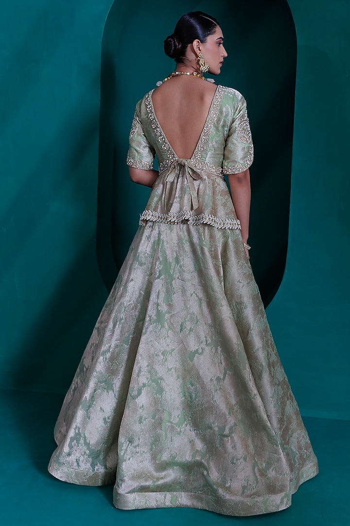 Mint Green Jacquard Zari Organza Wedding Lehenga Set by ADI BY ADITYA KHANDELWL at Pernia's Pop Up Shop