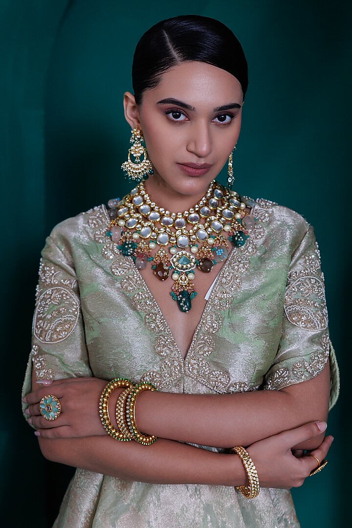 Mint Green Jacquard Zari Organza Wedding Lehenga Set by ADI BY ADITYA KHANDELWL at Pernia's Pop Up Shop
