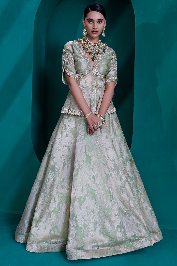 Mint Green Jacquard Zari Organza Wedding Lehenga Set by ADI BY ADITYA KHANDELWL at Pernia's Pop Up Shop