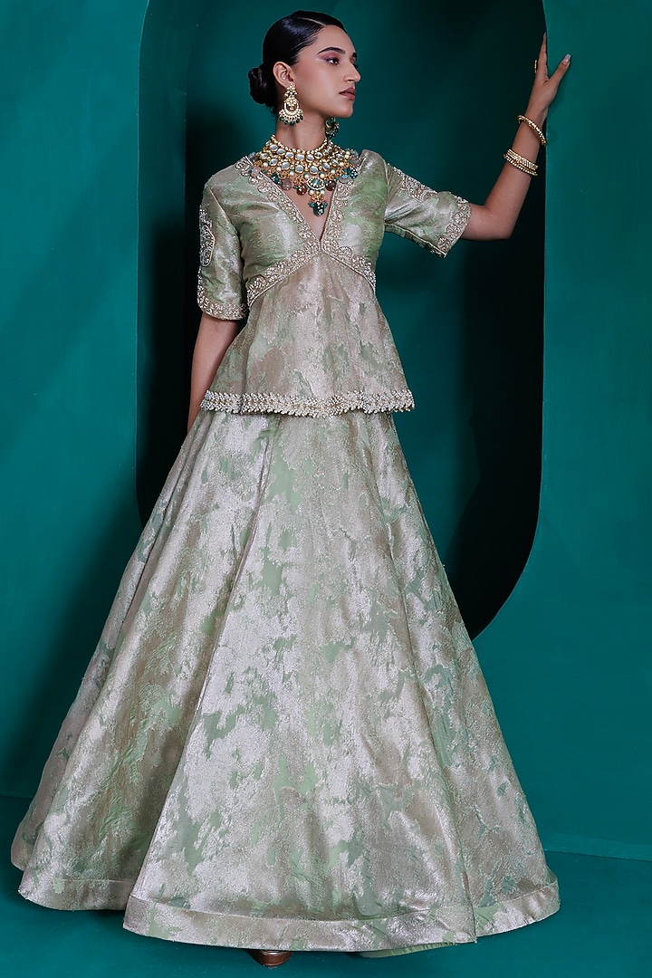 Mint Green Jacquard Zari Organza Wedding Lehenga Set by ADI BY ADITYA KHANDELWL at Pernia's Pop Up Shop
