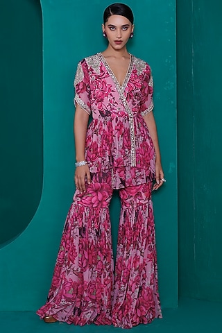 Pink Georgette Digital Printed Gharara Set by ADI BY ADITYA KHANDELWL