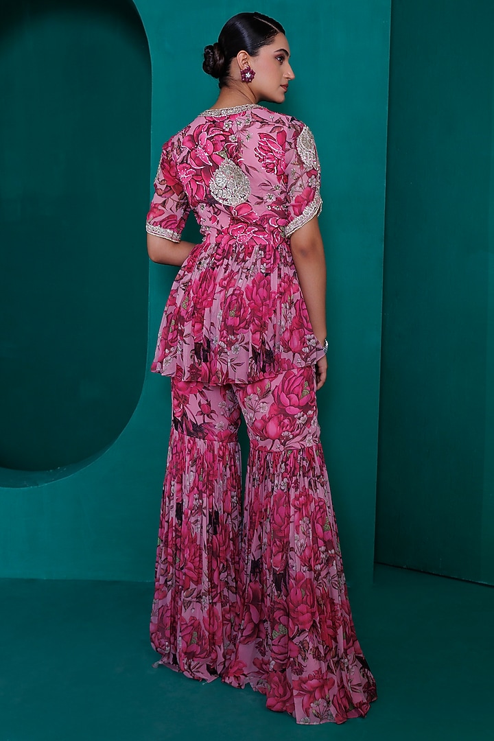 Pink Georgette Digital Printed Gharara Set by ADI BY ADITYA KHANDELWL at Pernia's Pop Up Shop