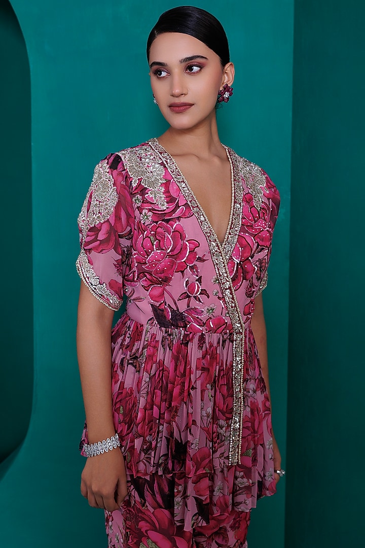Pink Georgette Digital Printed Gharara Set by ADI BY ADITYA KHANDELWL at Pernia's Pop Up Shop