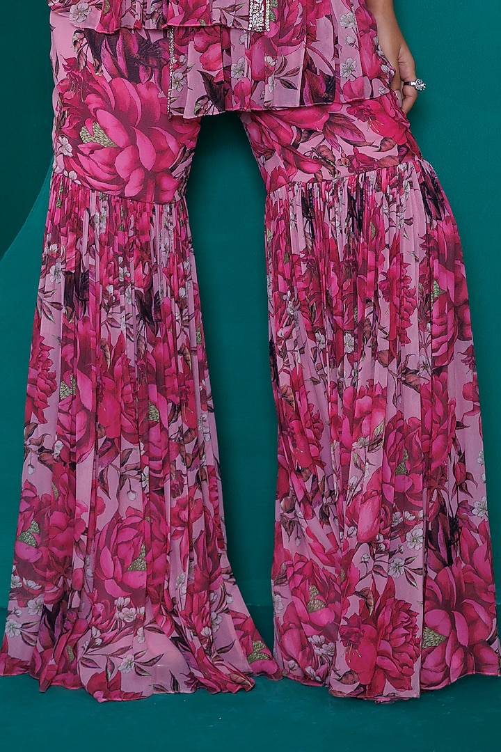 Pink Georgette Digital Printed Gharara Set by ADI BY ADITYA KHANDELWL at Pernia's Pop Up Shop