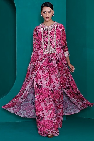 Pink Georgette Digital Printed Co-Ord Set by ADI BY ADITYA KHANDELWL