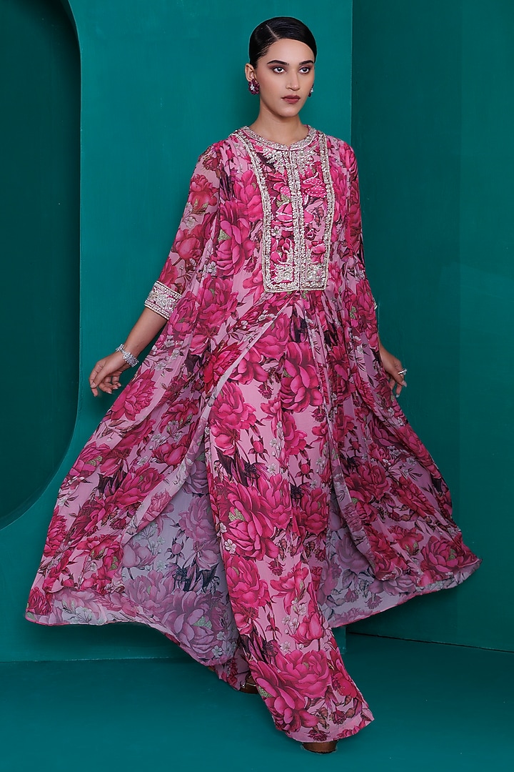 Pink Georgette Digital Printed Co-Ord Set by ADI BY ADITYA KHANDELWL at Pernia's Pop Up Shop