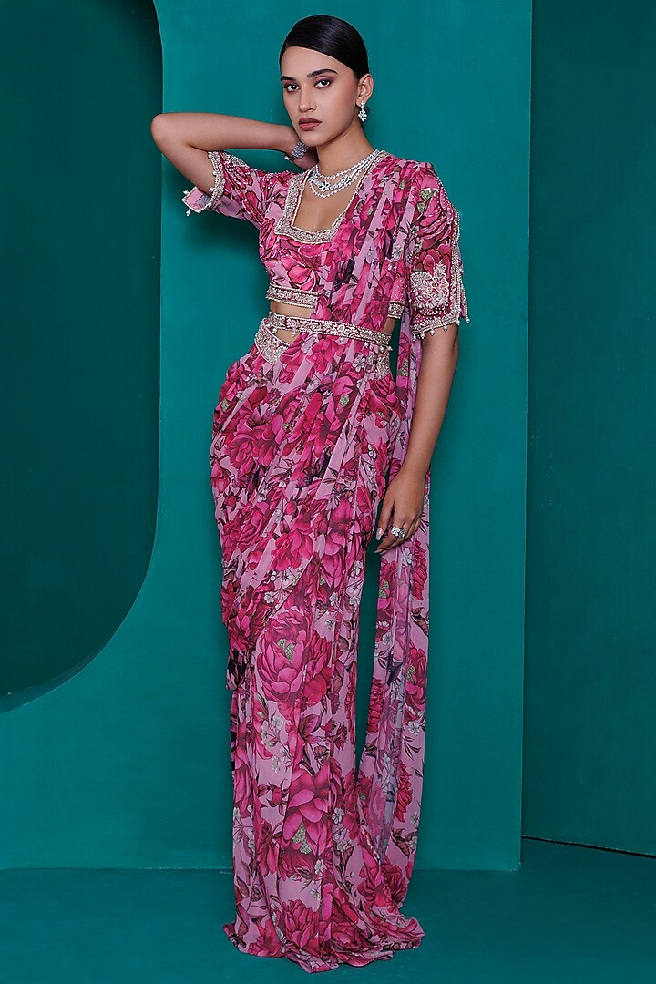 Pink Georgette Digital Printed Pre-Stitched Saree Set by ADI BY ADITYA KHANDELWL