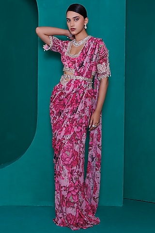 Pink Georgette Digital Printed Pre-Stitched Saree Set by ADI BY ADITYA KHANDELWL