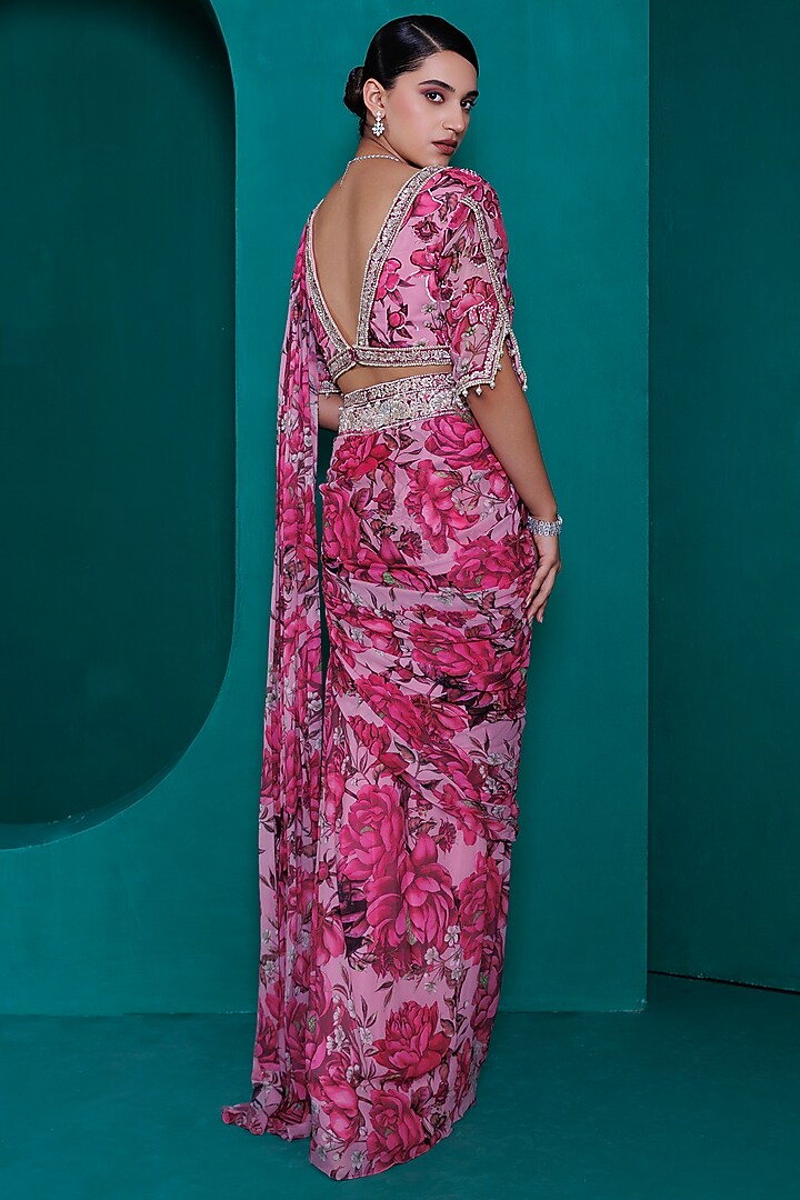 Pink Georgette Digital Printed Pre-Stitched Wedding Saree Set by ADI BY ADITYA KHANDELWL at Pernia's Pop Up Shop