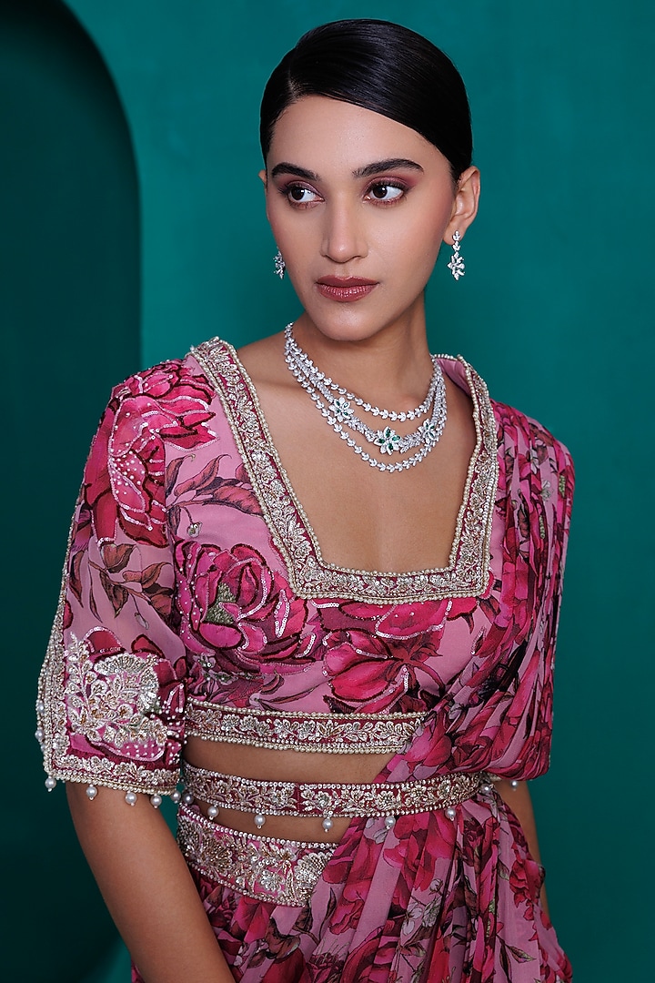 Pink Georgette Digital Printed Pre-Stitched Wedding Saree Set by ADI BY ADITYA KHANDELWL at Pernia's Pop Up Shop
