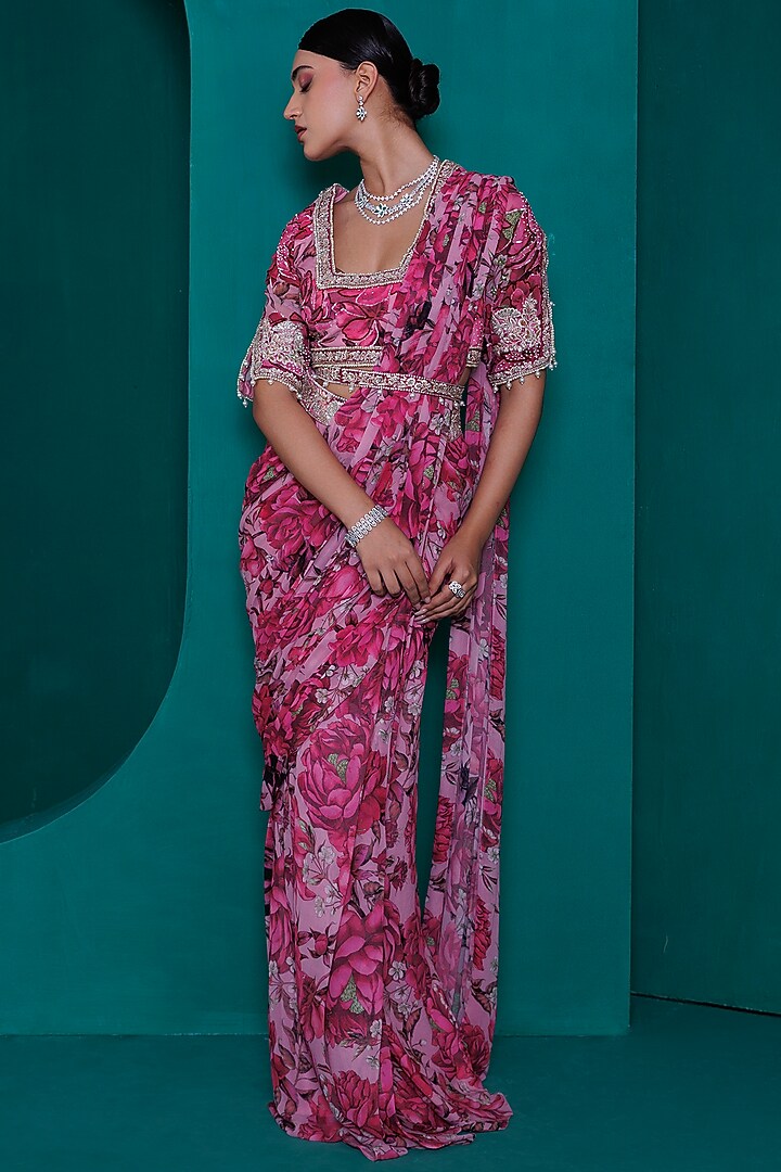 Pink Georgette Digital Printed Pre-Stitched Wedding Saree Set by ADI BY ADITYA KHANDELWL at Pernia's Pop Up Shop