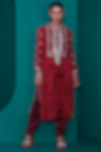 Maroon Georgette Embroidered & Printed Tunic Set by ADI BY ADITYA KHANDELWL