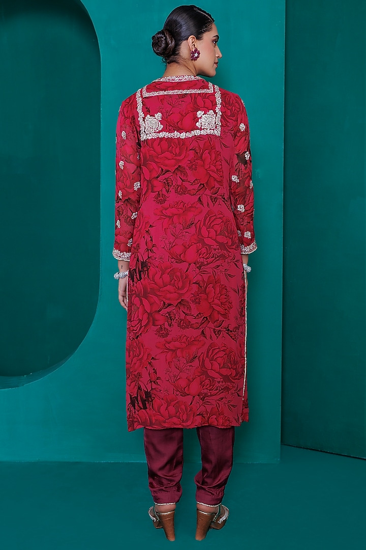 Maroon Georgette Embroidered & Printed Tunic Set by ADI BY ADITYA KHANDELWL at Pernia's Pop Up Shop