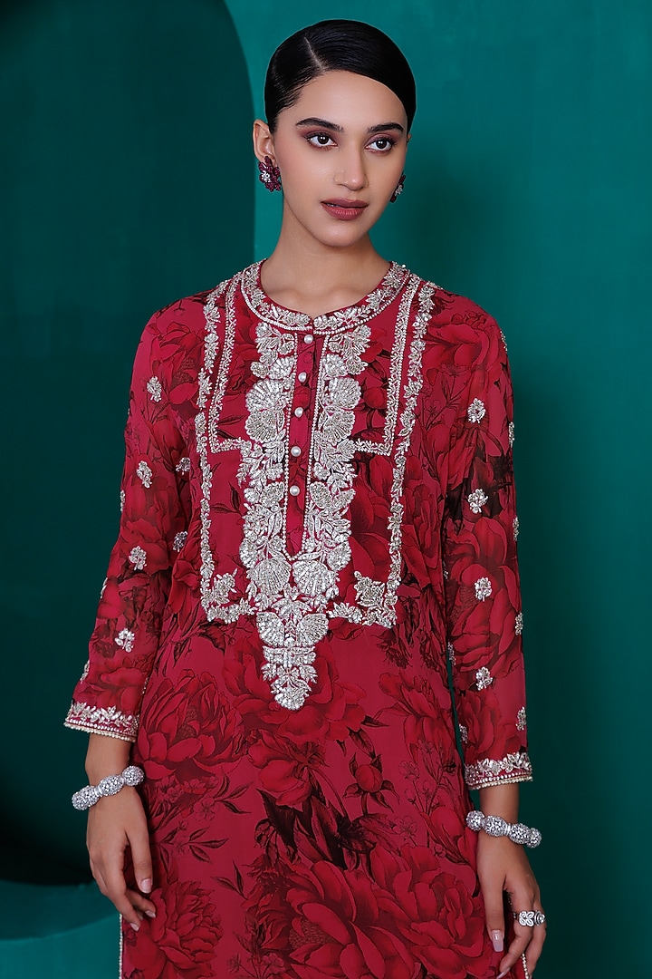 Maroon Georgette Embroidered & Printed Tunic Set by ADI BY ADITYA KHANDELWL at Pernia's Pop Up Shop