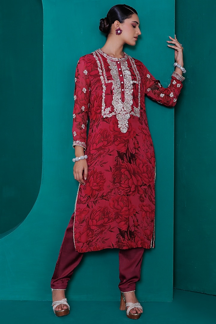 Maroon Georgette Embroidered & Printed Tunic Set by ADI BY ADITYA KHANDELWL at Pernia's Pop Up Shop