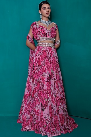 Pink Georgette Digital Printed Lehenga Set by ADI BY ADITYA KHANDELWL