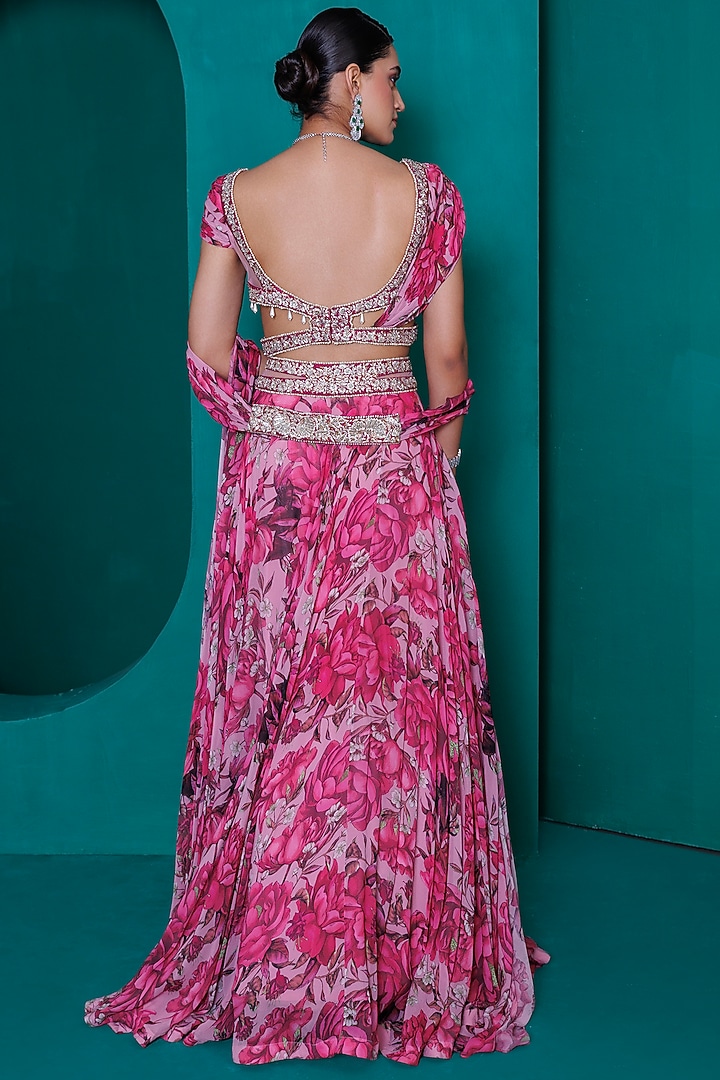 Pink Georgette Digital Printed Wedding Lehenga Set by ADI BY ADITYA KHANDELWL at Pernia's Pop Up Shop