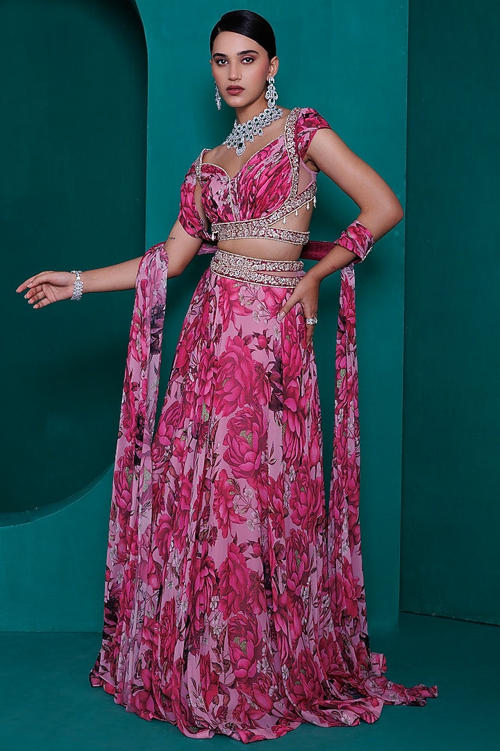 Pink Georgette Digital Printed Wedding Lehenga Set by ADI BY ADITYA KHANDELWL at Pernia's Pop Up Shop