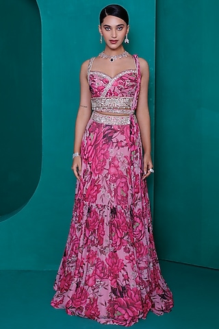 Pink Georgette Digital Printed Tiered Lehenga Set by ADI BY ADITYA KHANDELWL