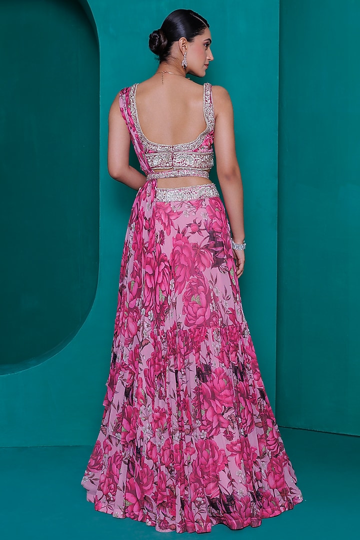 Pink Georgette Digital Printed Tiered Wedding Lehenga Set by ADI BY ADITYA KHANDELWL at Pernia's Pop Up Shop