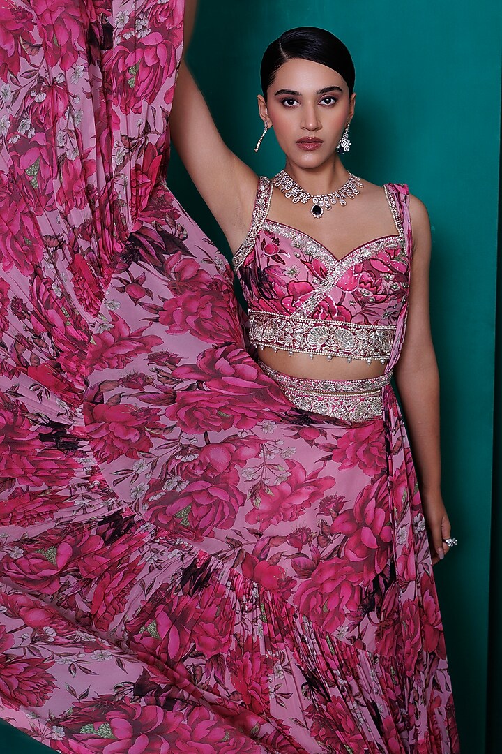 Pink Georgette Digital Printed Tiered Wedding Lehenga Set by ADI BY ADITYA KHANDELWL at Pernia's Pop Up Shop