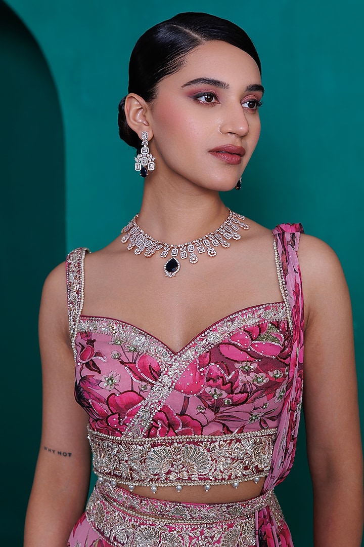 Pink Georgette Digital Printed Tiered Wedding Lehenga Set by ADI BY ADITYA KHANDELWL at Pernia's Pop Up Shop
