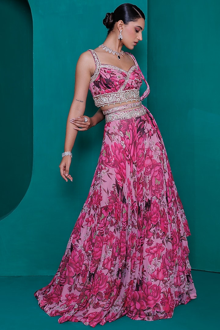 Pink Georgette Digital Printed Tiered Wedding Lehenga Set by ADI BY ADITYA KHANDELWL at Pernia's Pop Up Shop