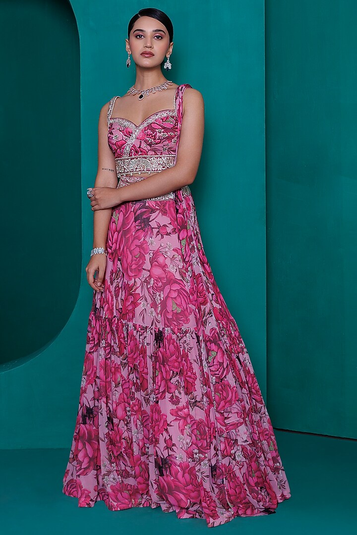 Pink Georgette Digital Printed Tiered Wedding Lehenga Set by ADI BY ADITYA KHANDELWL at Pernia's Pop Up Shop