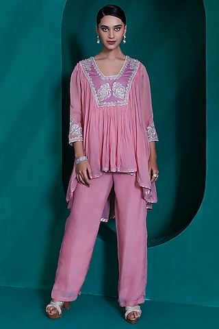 Rose Pink Georgette Organza Co-Ord Set by ADI BY ADITYA KHANDELWL