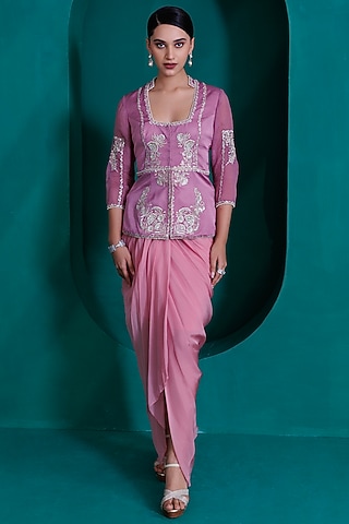 Rose Pink Georgette Organza Draped Skirt Set by ADI BY ADITYA KHANDELWL