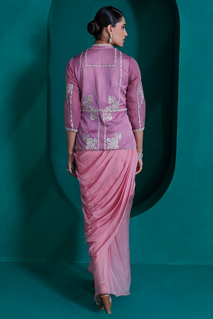 Rose Pink Georgette Organza Draped Skirt Set by ADI BY ADITYA KHANDELWL at Pernia's Pop Up Shop