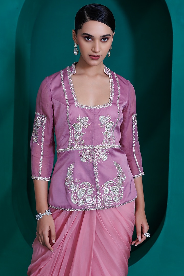 Rose Pink Georgette Organza Draped Skirt Set by ADI BY ADITYA KHANDELWL at Pernia's Pop Up Shop
