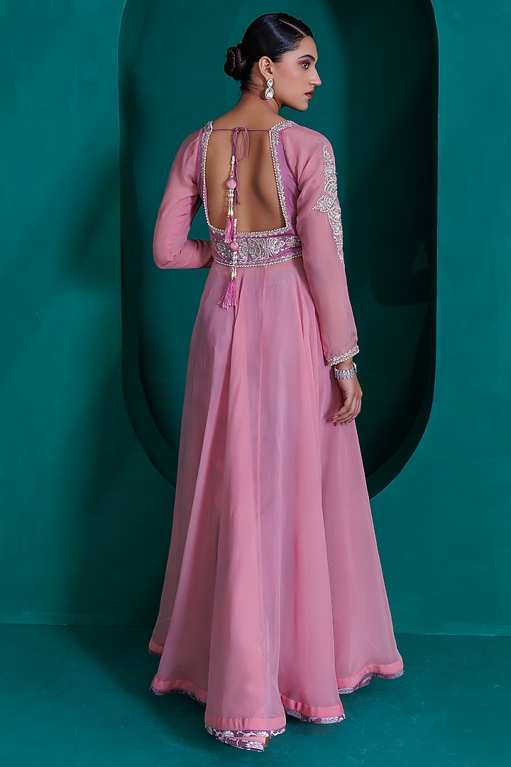 Rose Pink Georgette Organza Embroidered Wedding Anarkali Set by ADI BY ADITYA KHANDELWL at Pernia's Pop Up Shop