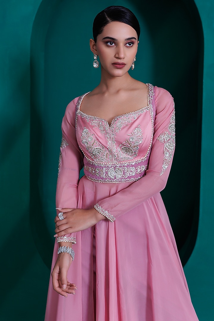 Rose Pink Georgette Organza Embroidered Wedding Anarkali Set by ADI BY ADITYA KHANDELWL at Pernia's Pop Up Shop
