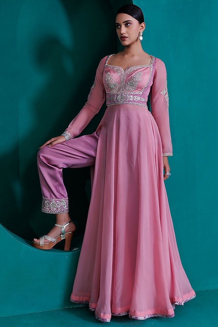 Rose Pink Georgette Organza Embroidered Wedding Anarkali Set by ADI BY ADITYA KHANDELWL at Pernia's Pop Up Shop