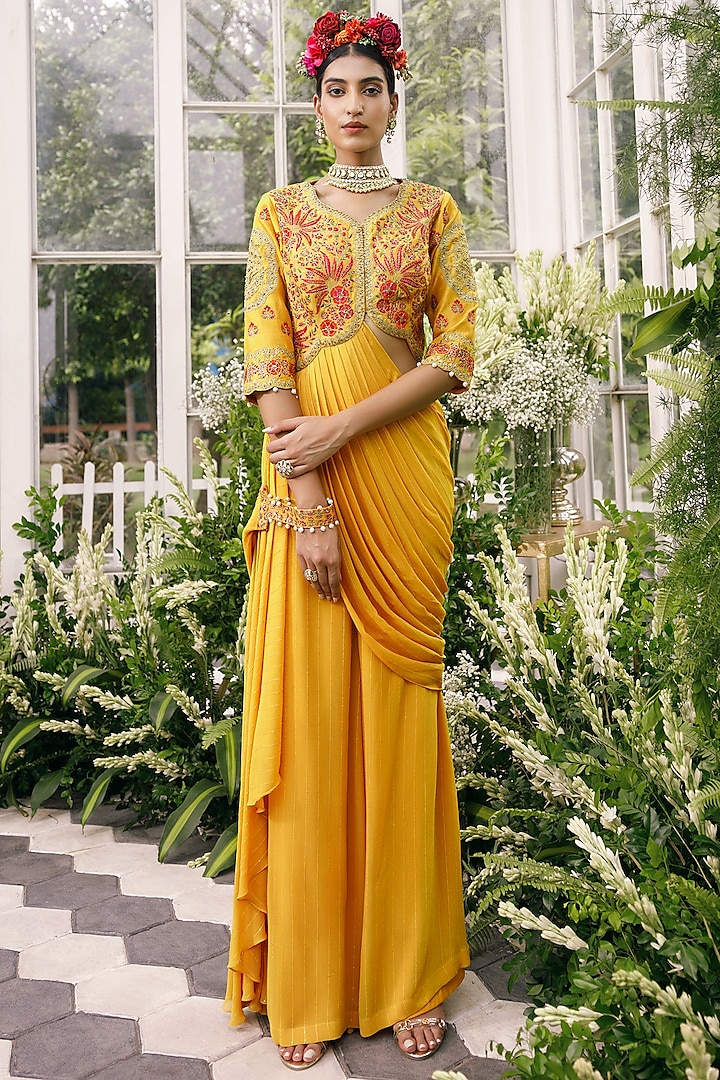 Mustard Silk Palazzo Pant Set by ADI BY ADITYA KHANDELWL at Pernia's Pop Up Shop