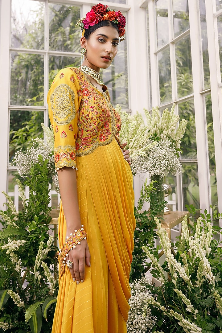 Mustard Silk Palazzo Pant Set by ADI BY ADITYA KHANDELWL at Pernia's Pop Up Shop