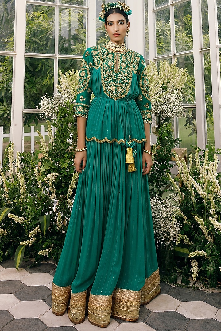 Green Georgette Gharara Set by ADI BY ADITYA KHANDELWL