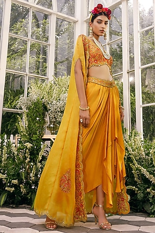 Mustard Embroidered Cape Set by ADI BY ADITYA KHANDELWL