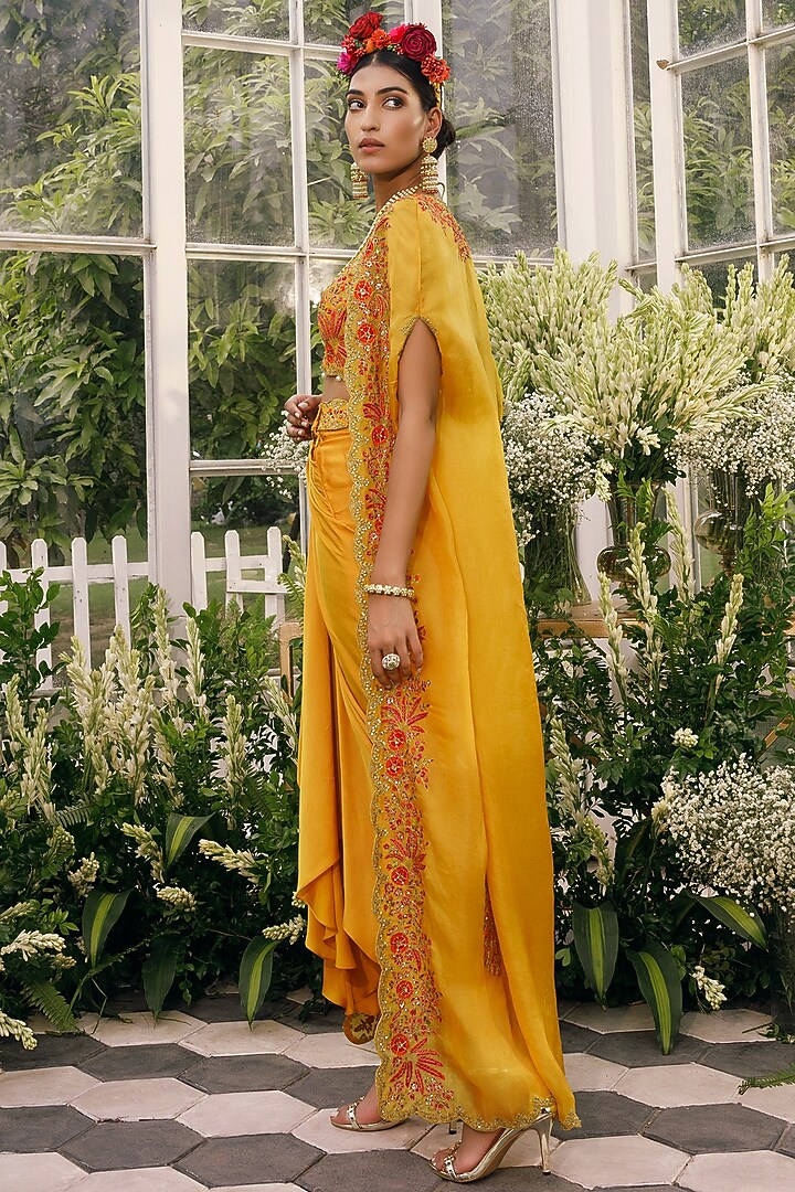 Mustard Embroidered Cape Set by ADI BY ADITYA KHANDELWL at Pernia's Pop Up Shop