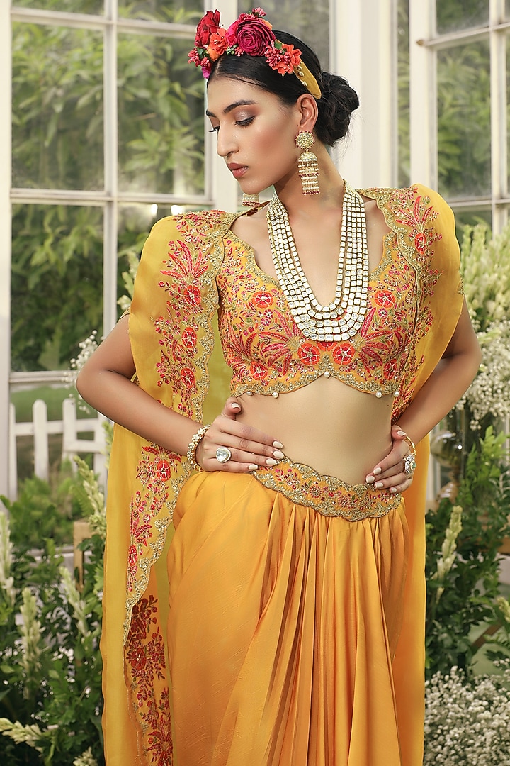 Mustard Embroidered Cape Set by ADI BY ADITYA KHANDELWL at Pernia's Pop Up Shop